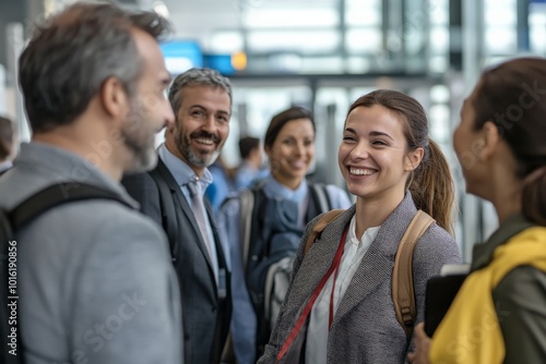 A group of friends sharing a laugh in an airport lounge; their camaraderie and enthusiasm is reflected in the bustling surroundings of modern air travel.