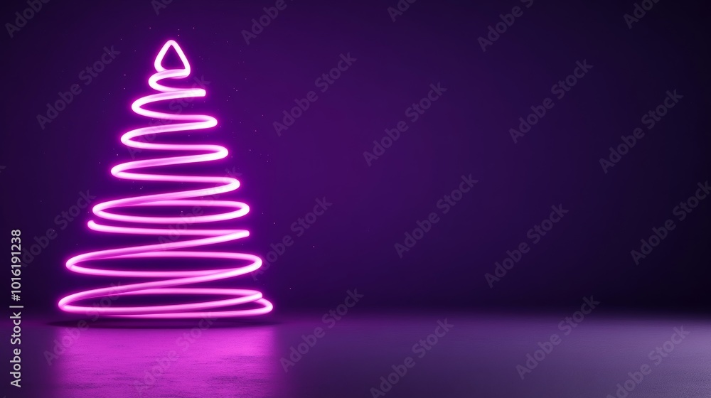 Abstract neon Christmas tree formed by swirling glowing light trails on a deep purple-to-black gradient background with floating sparkles Abstract neon Christmas tree formed by swirling glowing light trails on a deep purple-to-black gradient background with floating sparkles