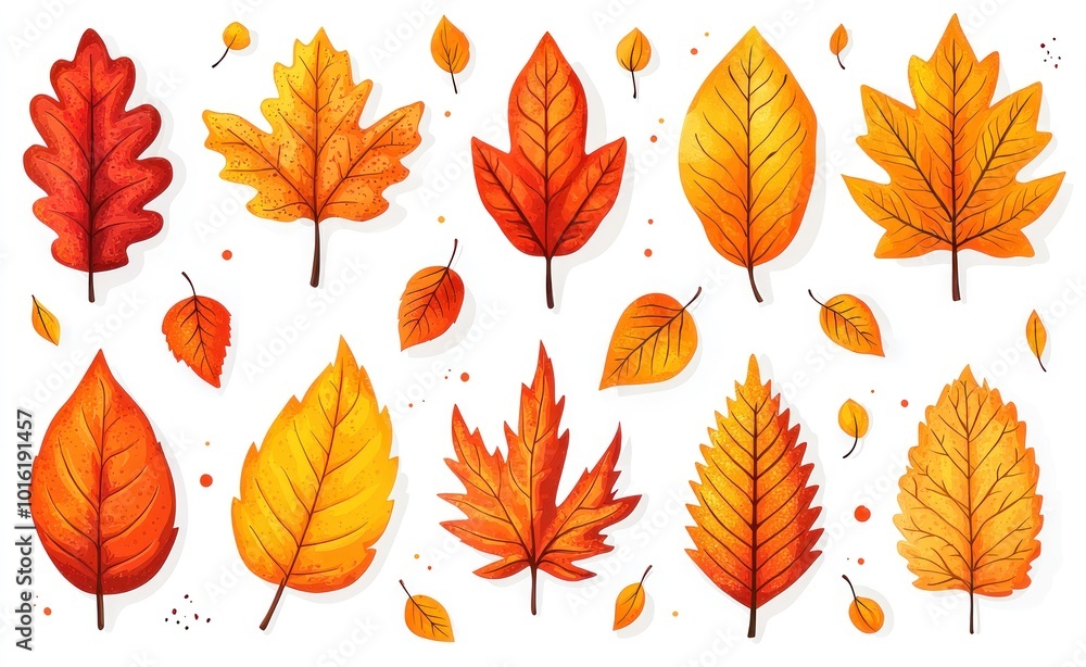 Autumn leaves illustration featuring various shapes and colors, including orange, red, yellow, and brown leaves on a white background Generative AI Autumn leaves illustration featuring various shapes and colors, including orange, red, yellow, and brown leaves on a white background Generative AI