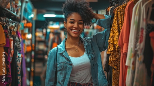 A woman enjoys shopping amid colorful clothes, showcasing her vibrant personality and style