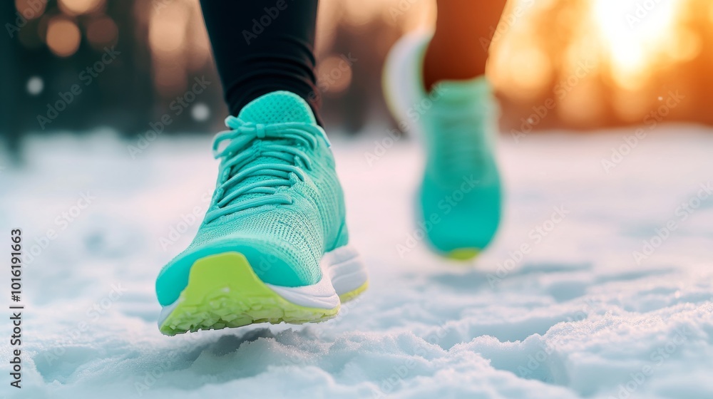 custom made wallpaper toronto digitalBack view of legs in vibrant neon running shoes kicking up snow, footprints trailing behind on a snowy path, cold winter sunrise casting soft shadows 