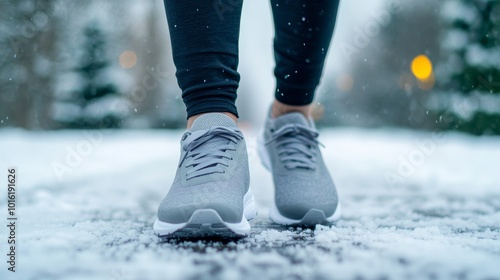 Back view of legs in sleek grey running shoes pushing through snow-covered pavement, snow-dusted trees in the background, crisp winter air visible 