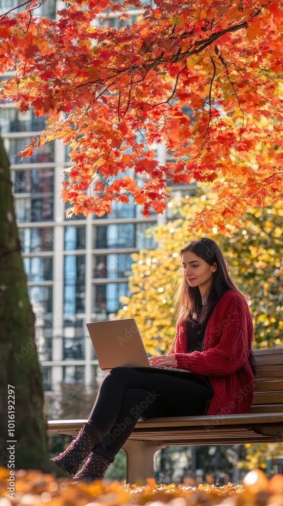 A young woman sits on a bench in a park, focused on her laptop amidst autumn leaves A young woman sits on a bench in a park, focused on her laptop amidst autumn leaves