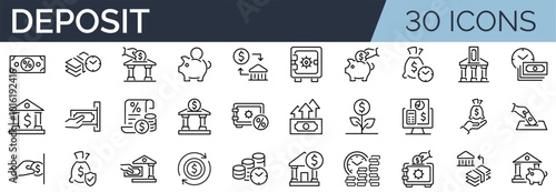 Set of 30 outline icons related to deposit. Linear icon collection. Editable stroke. Vector illustration