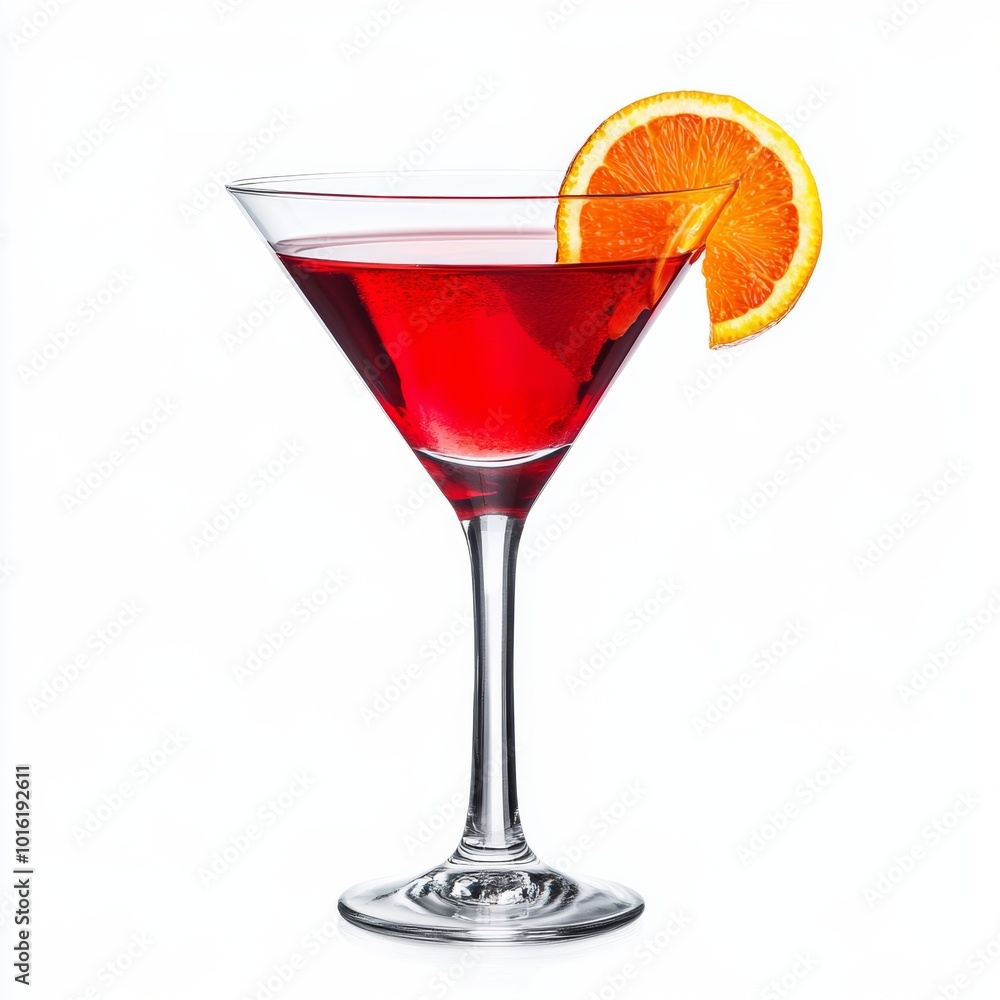 Bright red cosmopolitan cocktail with a citrus twist garnish in a sleek glass isolated on white background Bright red cosmopolitan cocktail with a citrus twist garnish in a sleek glass isolated on white background