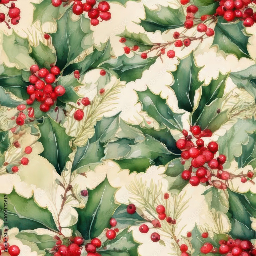 A seamless pattern showcasing vibrant holly leaves and red berries, ideal for festive decor, holiday-themed designs, and wrapping paper. A seamless pattern showcasing vibrant holly leaves and red berries, ideal for festive decor, holiday-themed designs, and wrapping paper.