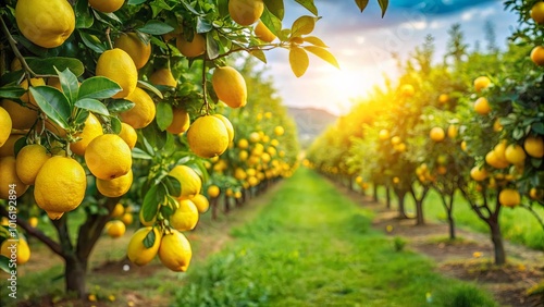 A vibrant citrus orchard bathed in golden sunlight, where rows of lemon trees laden with ripe fruit create a picturesque landscape