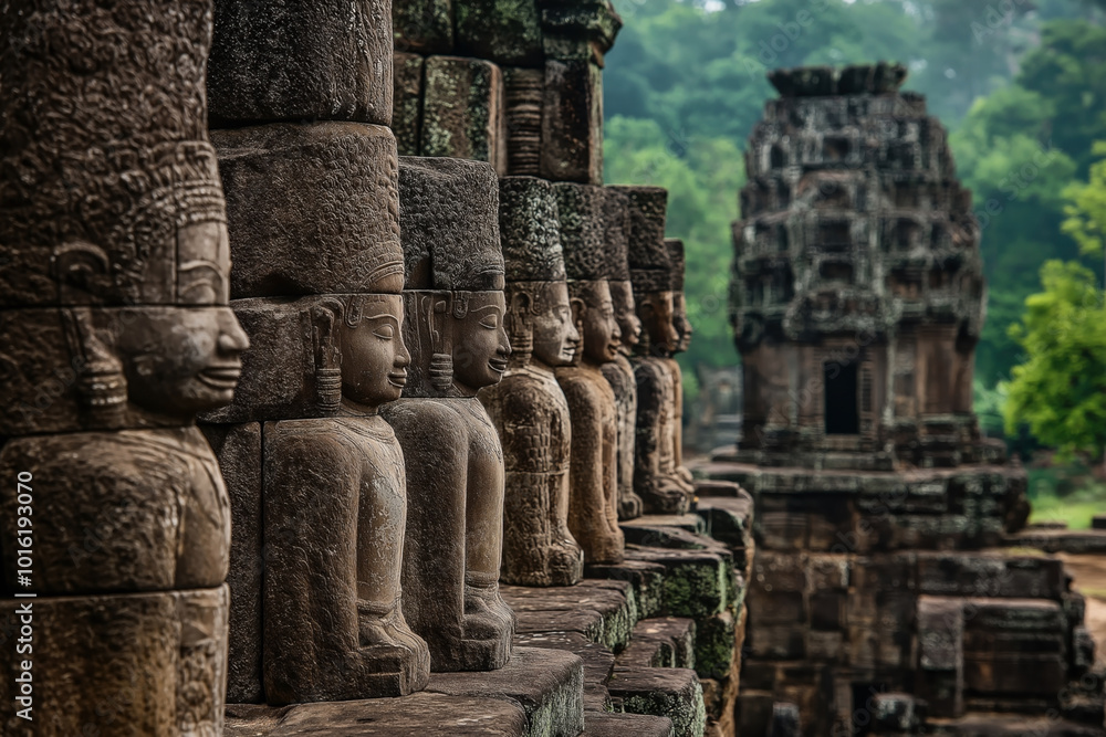 Fototapeta premium Row of ancient stone statues with intricate carvings at an historic temple with lush green trees in the background, showcasing detailed craftsmanship and cultural heritage.