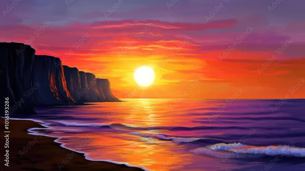 A vibrant sunset over a rocky coastline with waves. Warm colors, dark cliffs. A vibrant sunset over a rocky coastline with waves. Warm colors, dark cliffs.