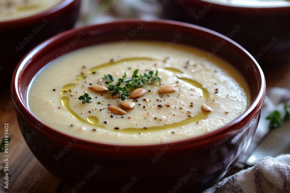 Delicious Parsnip Soup in Dark Red Ceramic Bowl with Olive Oil Drizzle and Toasted Seeds Gourmet Food Photography Suitable for Good and Travel Content Delicious Parsnip Soup in Dark Red Ceramic Bowl with Olive Oil Drizzle and Toasted Seeds Gourmet Food Photography Suitable for Good and Travel Content