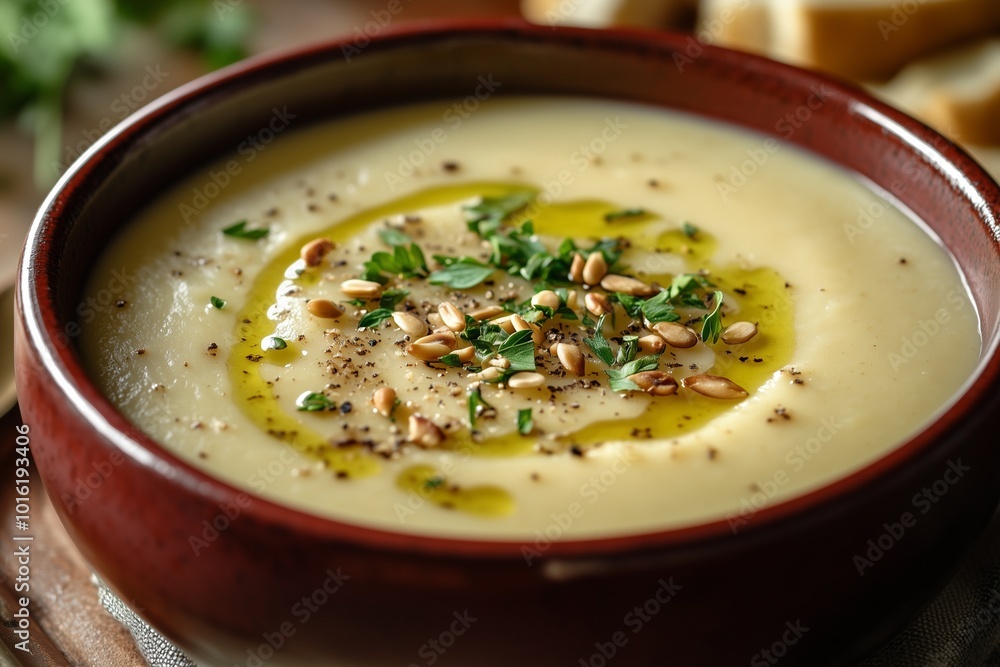 Delicious Parsnip Soup in Dark Red Ceramic Bowl with Olive Oil Drizzle and Toasted Seeds Gourmet Food Photography Suitable for Good and Travel Content Delicious Parsnip Soup in Dark Red Ceramic Bowl with Olive Oil Drizzle and Toasted Seeds Gourmet Food Photography Suitable for Good and Travel Content