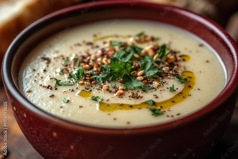 Delicious Parsnip Soup in Dark Red Ceramic Bowl with Olive Oil Drizzle and Toasted Seeds Gourmet Food Photography Suitable for Good and Travel Content Delicious Parsnip Soup in Dark Red Ceramic Bowl with Olive Oil Drizzle and Toasted Seeds Gourmet Food Photography Suitable for Good and Travel Content