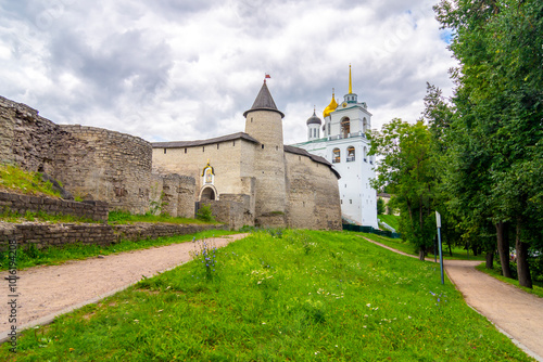 View of the bell tower and the Holy Trinity Cathedral on the territory of the Pskov Kremlin (Krom), Pskov, Russia photo