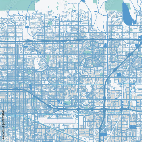 Map of Rancho Cucamonga in California in a professional blue style. Contains layered vector with roads water, parks, etc.