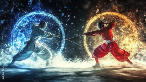 Two individuals in dynamic poses engage in a martial arts duel, surrounded by vivid, elemental circles of blue and orange energy, with sparks flying around them photo