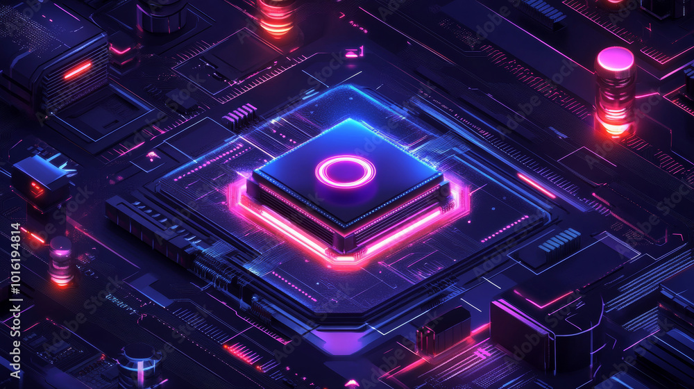 Obraz premium A sleek and modern illustration of a futuristic microchip processor designed to represent advanced technology and innovation in computing. 