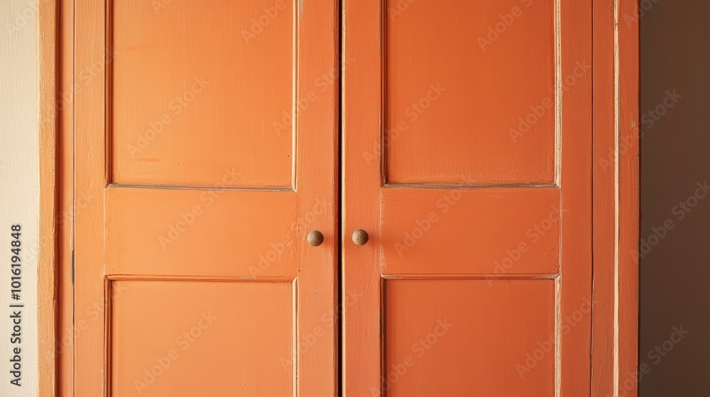 Close-up of an orange double door with panels and round knobs Close-up of an orange double door with panels and round knobs