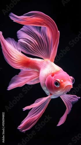 Elegant pink goldfish gracefully swimming, vibrant colors reflecting in serene water, showcasing the beauty of aquatic life. photo