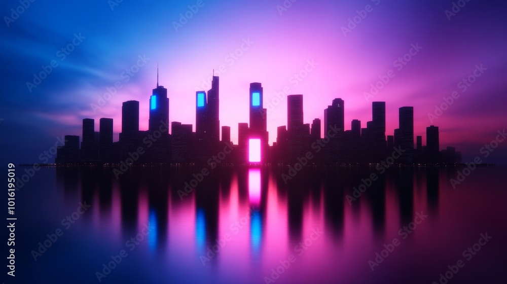 Fototapeta premium Cyberpunk city skyline with holographic sale tags floating in the sky for a futuristic Cyber Monday theme 