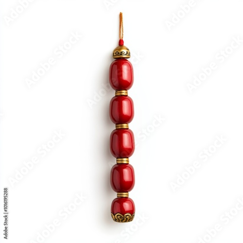 Decorative firecracker string with red and gold details hanging vertically isolated on white background 