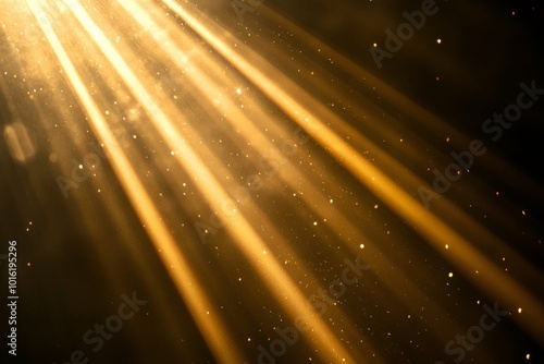 Radiant golden beams pierce through the misty air, illuminating tiny particles and creating an ethereal and awe-inspiring scene filled with divine light.