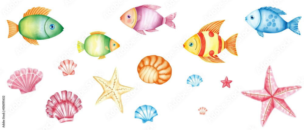 Cartoon Sea Life Collection with Fish, Starfish, and Seashells Cartoon Sea Life Collection with Fish, Starfish, and Seashells