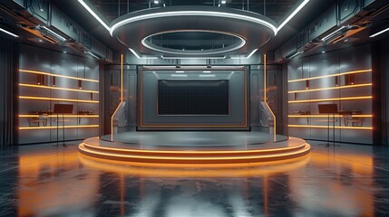 Empty news anchor studio, Tv news studio.