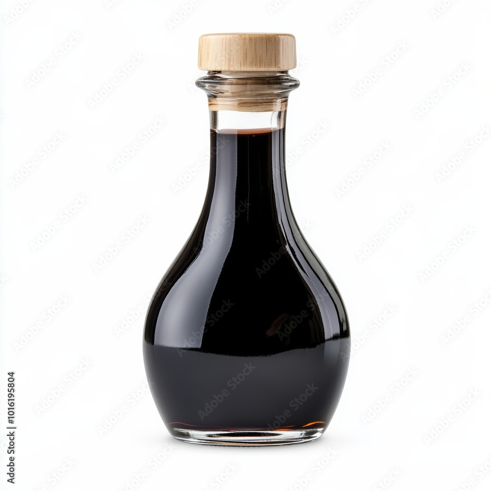 Elegant bottle of balsamic reduction sauce with dark syrup inside isolated on white background Elegant bottle of balsamic reduction sauce with dark syrup inside isolated on white background