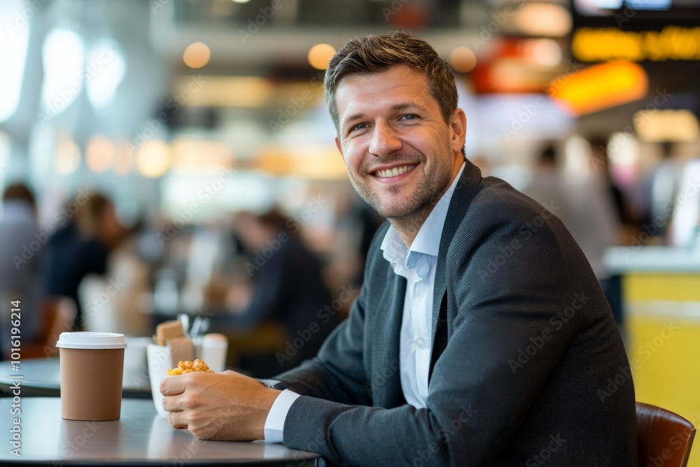A young man in a suit enjoys a coffee and snack in a bustling café, exuding a sense of relaxation, satisfaction, and social interaction. A young man in a suit enjoys a coffee and snack in a bustling café, exuding a sense of relaxation, satisfaction, and social interaction.