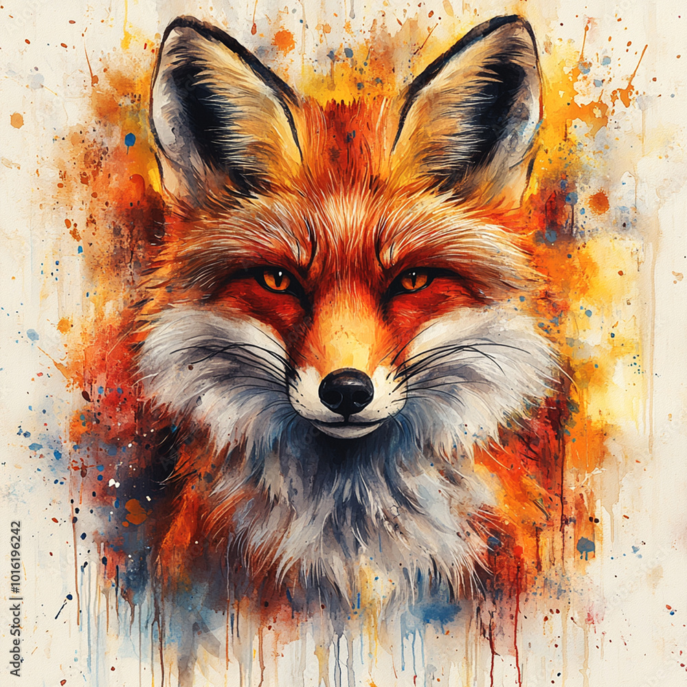 Sublimation Png design whimsical watercolor painting of a fox with exaggerated features, blending into a background of abstract splashes and drips in bright, unexpected colors generative ai Sublimation Png design whimsical watercolor painting of a fox with exaggerated features, blending into a background of abstract splashes and drips in bright, unexpected colors generative ai