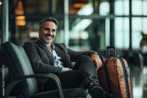 A confident man is seated in an airport lounge with a brown suitcase, wearing a grey blazer and a watch, exuding a calm and composed demeanor while smiling brightly. photo