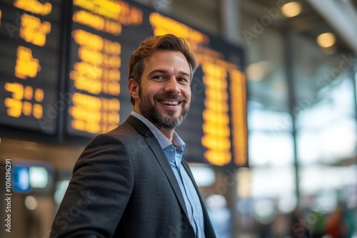 Standing before departure screens, this smiling man in a business suit emanates joy and readiness as he prepares to board his flight, capturing the travel spirit. photo