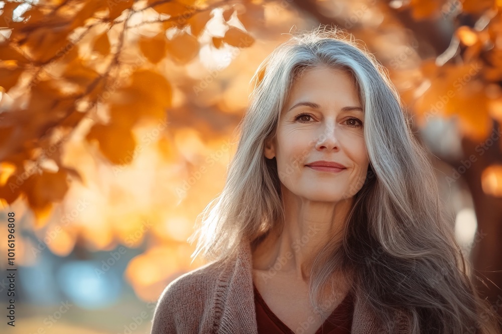 A graceful woman with flowing gray hair stands amidst vibrant fall foliage, the twilight setting creating an enchanting ambiance of peace and reflection. A graceful woman with flowing gray hair stands amidst vibrant fall foliage, the twilight setting creating an enchanting ambiance of peace and reflection.