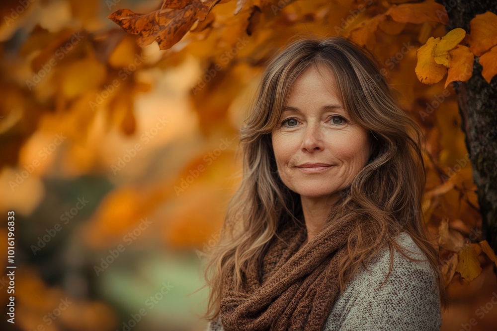 A woman with a hopeful expression stands against a backdrop of orange autumn leaves, the scene capturing a sense of warmth and introspection in nature. A woman with a hopeful expression stands against a backdrop of orange autumn leaves, the scene capturing a sense of warmth and introspection in nature.