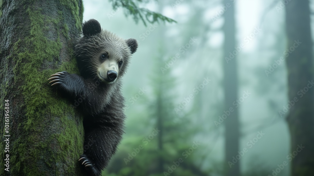 Obraz premium Young Bear Climbing Tree in Misty Forest Setting