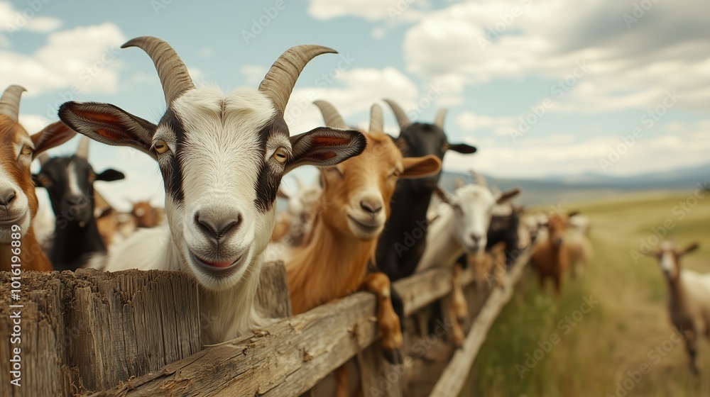 Charming Goats in Pastoral Landscape with Blue Sky