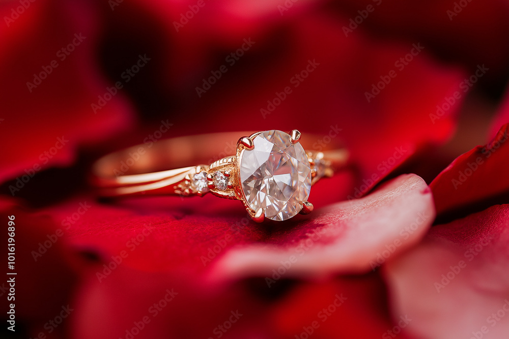 Engagement ring with an oval diamond in a vintage-style setting resting on soft rose petals. The romantic texture highlights the ring's elegance, surrounded by deep reds, soft pinks Engagement ring with an oval diamond in a vintage-style setting resting on soft rose petals. The romantic texture highlights the ring's elegance, surrounded by deep reds, soft pinks