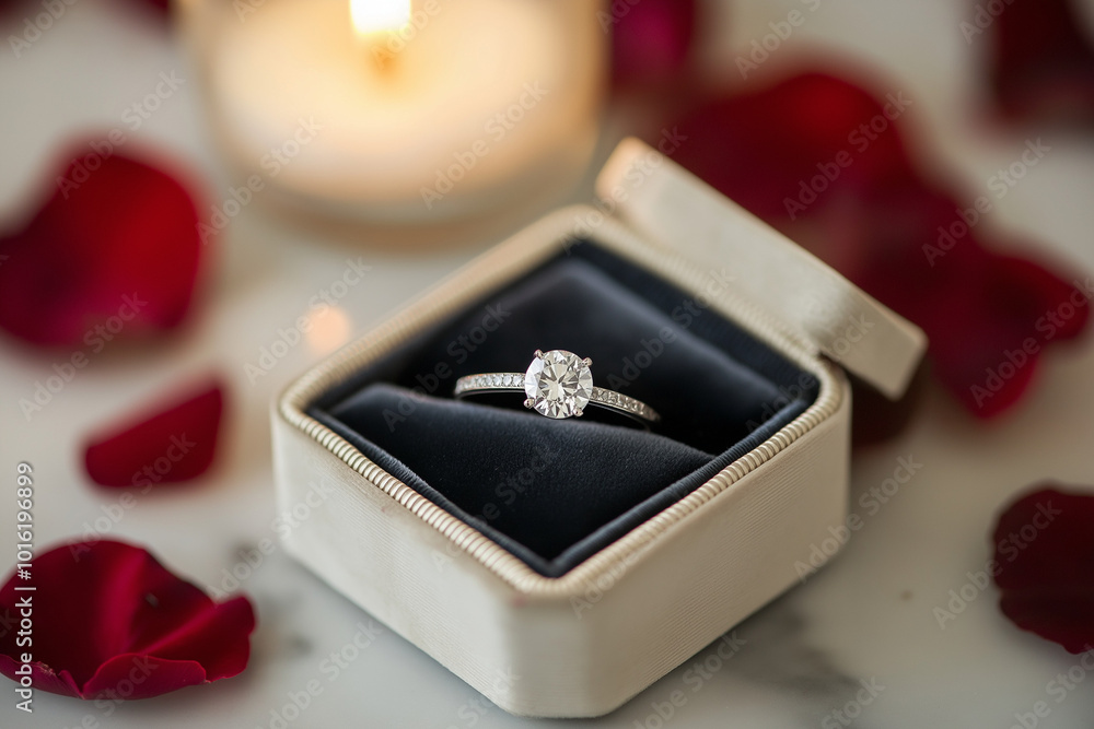 Open engagement ring box on an elegantly set dinner table, surrounded by candles, wine glasses, and a bouquet of roses. Soft candlelight reflects off the ring, creating a warm, romantic atmosphere Open engagement ring box on an elegantly set dinner table, surrounded by candles, wine glasses, and a bouquet of roses. Soft candlelight reflects off the ring, creating a warm, romantic atmosphere
