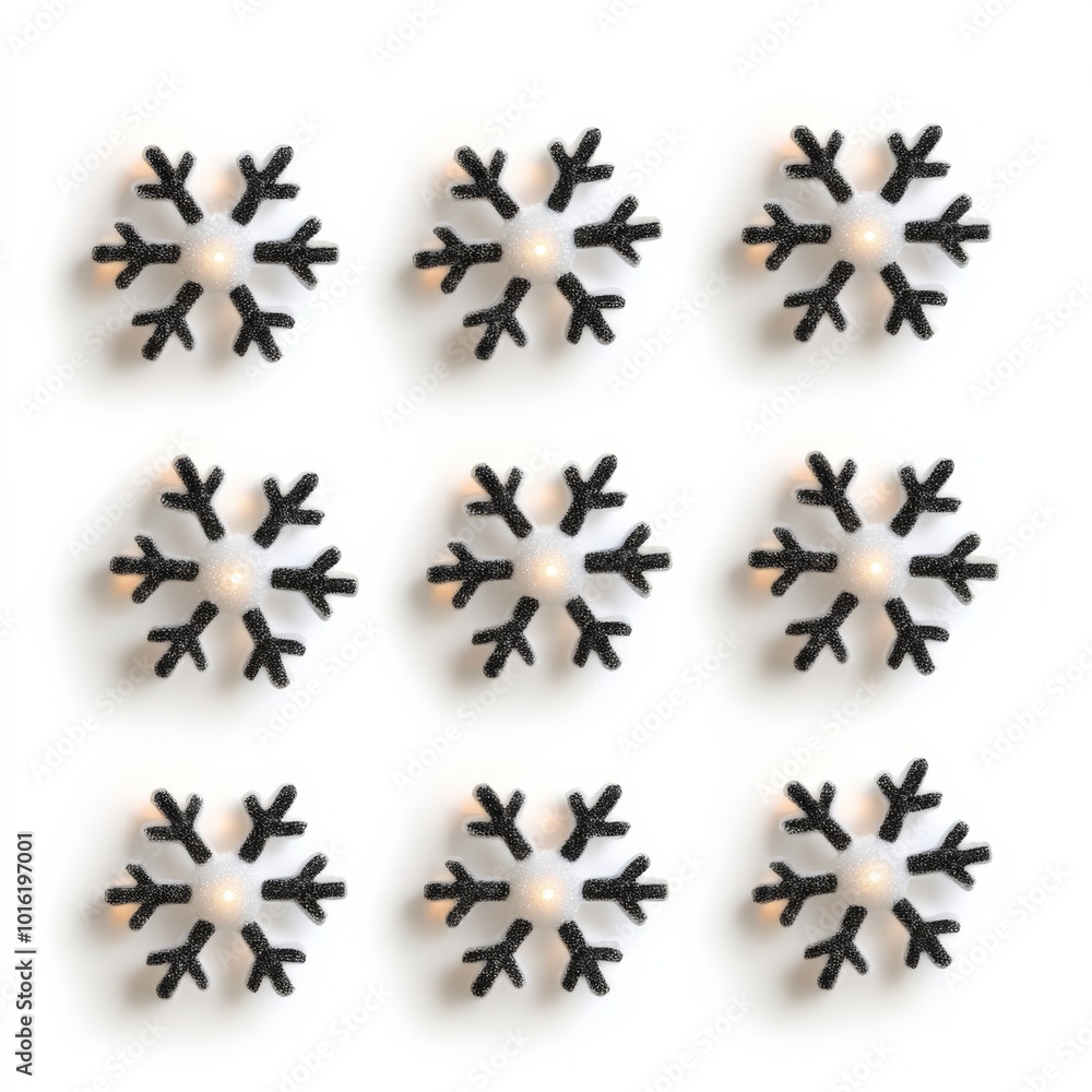 Festive Christmas lights shaped like tiny snowflakes glowing softly isolated on white background Festive Christmas lights shaped like tiny snowflakes glowing softly isolated on white background