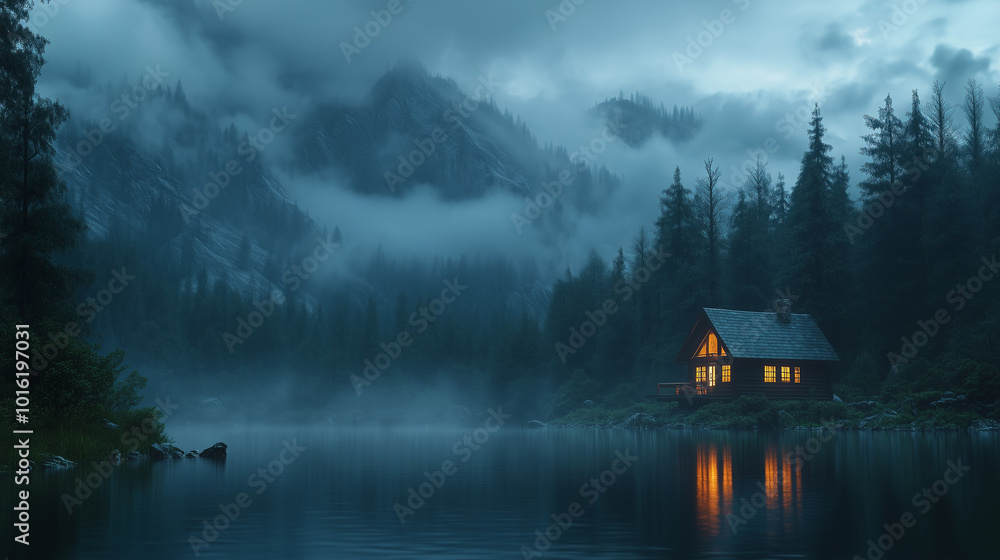 Fototapeta premium Rainy Day in Washington State Forest with Cabin by a Crystal-Clear Lake