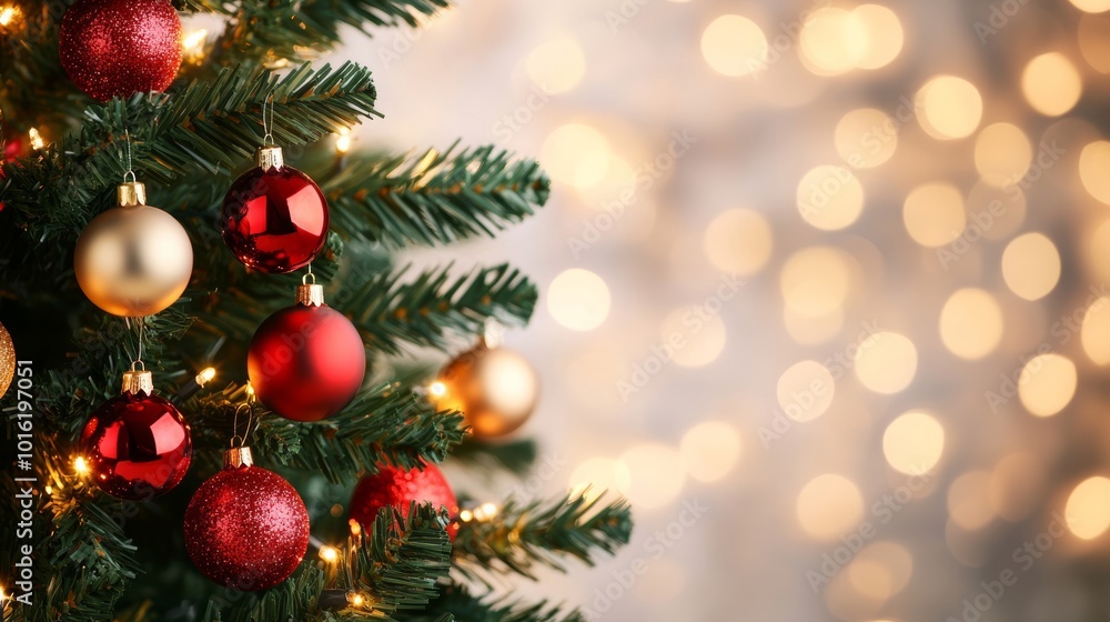 Festive Christmas tree with red and gold decorations, blurred background with twinkling bokeh lights creating a soft glow Festive Christmas tree with red and gold decorations, blurred background with twinkling bokeh lights creating a soft glow
