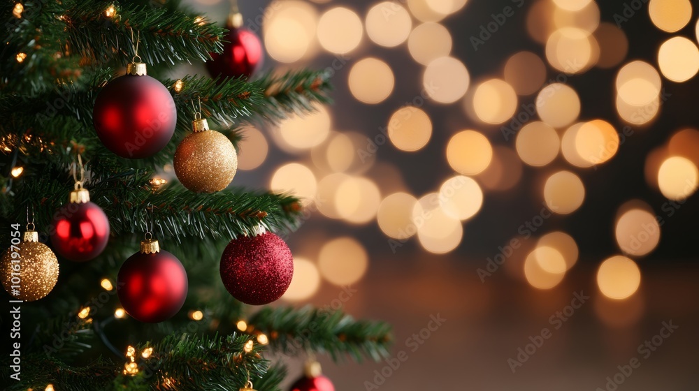 Obraz premium Festive Christmas tree with red and gold decorations, blurred background with twinkling bokeh lights creating a soft glow