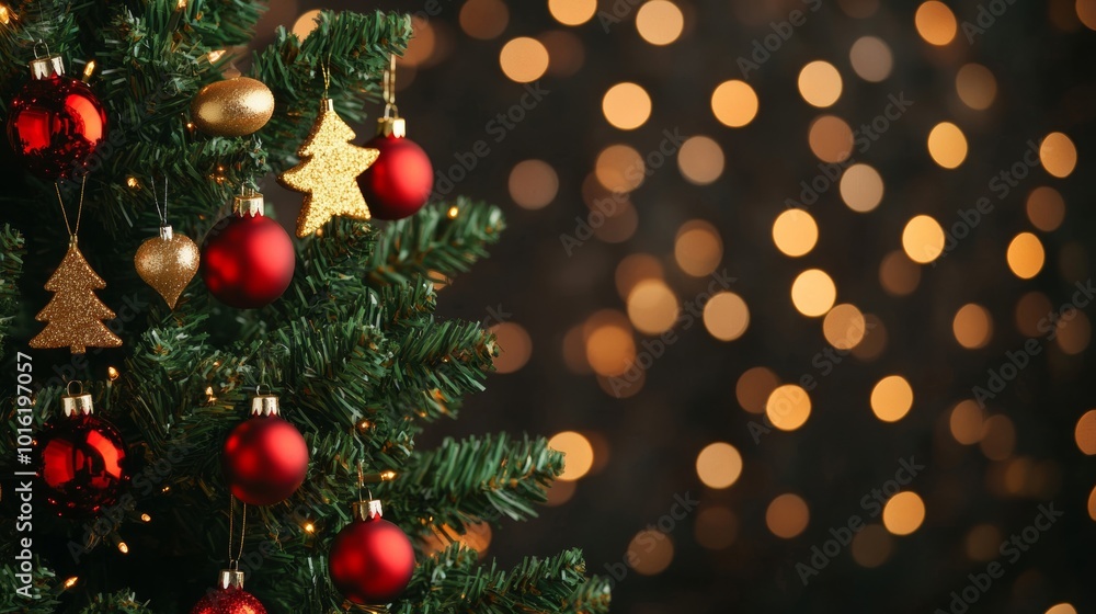 Festive Christmas tree with red and gold decorations, blurred background with twinkling bokeh lights creating a soft glow Festive Christmas tree with red and gold decorations, blurred background with twinkling bokeh lights creating a soft glow