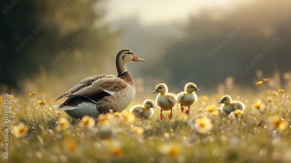 Mother Duck with Ducklings in Nature Mother Duck with Ducklings in Nature