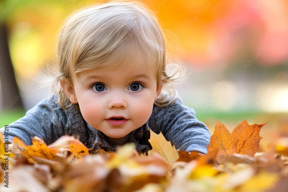 A cheerful baby plays among bright autumn leaves, engaging with nature and expressing joy and curiosity in a colorful outdoor setting during fall. A cheerful baby plays among bright autumn leaves, engaging with nature and expressing joy and curiosity in a colorful outdoor setting during fall.