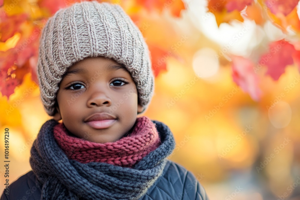 A young child in a cozy knitted hat and scarf is surrounded by vibrant orange autumn leaves, capturing the essence of fall and warm clothing. A young child in a cozy knitted hat and scarf is surrounded by vibrant orange autumn leaves, capturing the essence of fall and warm clothing.