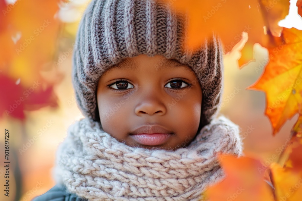 A content child wearing a woolen hat and scarf smiles softly, surrounded by warm orange and red autumn leaves, creating a cozy and picturesque scene. A content child wearing a woolen hat and scarf smiles softly, surrounded by warm orange and red autumn leaves, creating a cozy and picturesque scene.