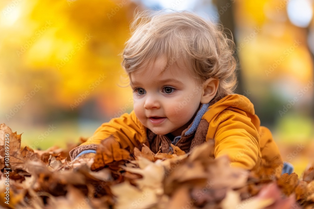 A happy toddler is playing amidst a pile of fallen autumn leaves in a park, showcasing the joyful innocence and wonder of childhood during the fall season. A happy toddler is playing amidst a pile of fallen autumn leaves in a park, showcasing the joyful innocence and wonder of childhood during the fall season.