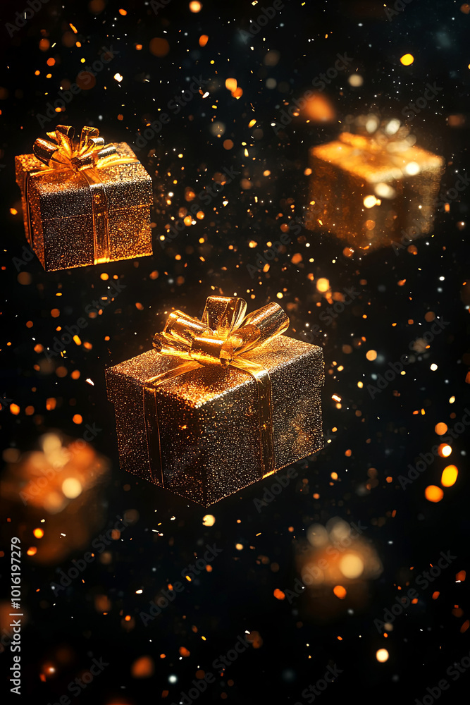 Glittering gift boxes float in a dreamy, festive ambiance, capturing the essence of celebration Glittering gift boxes float in a dreamy, festive ambiance, capturing the essence of celebration
