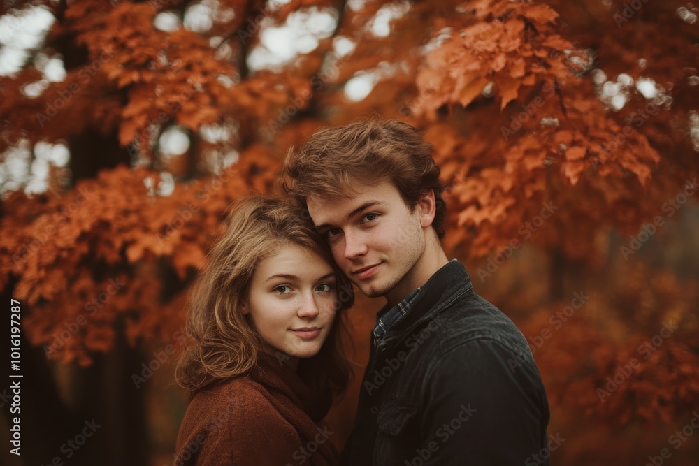 Fototapeta premium A young couple shares a tender moment, embracing under a tree with vividly colored autumn leaves, highlighting the beauty of romance and connection in nature's hue.
